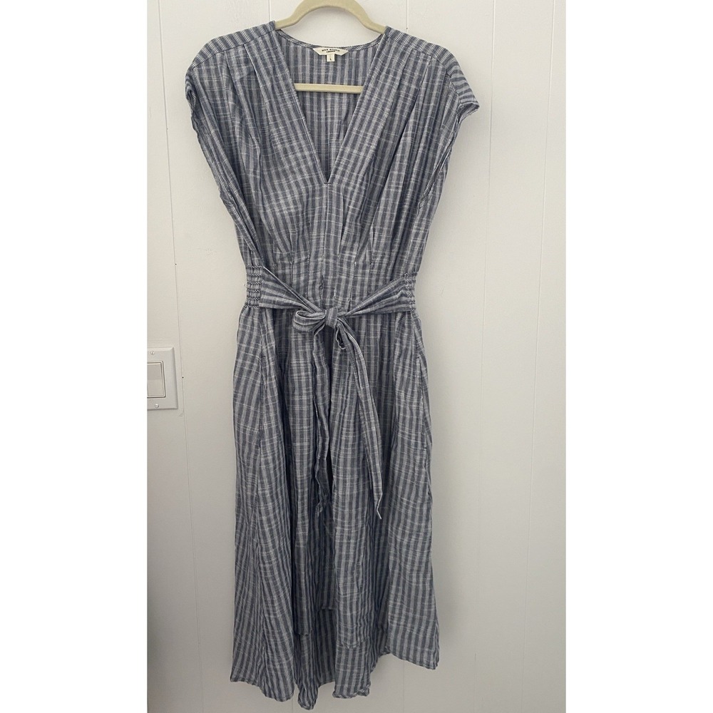 MAX STUDIO Stripe Tie Front Cotton Blend Dress Large Navy Whlte Boho Coastal